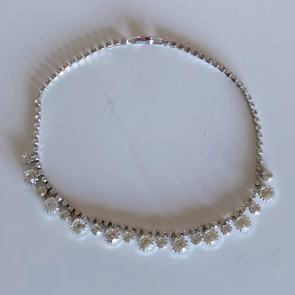 Silvertone and Crystal 14” vintage necklace